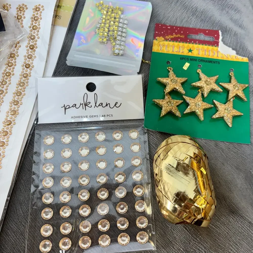 Metallic Gold Crafting Lot Bling Ribbon Embellishments Trim Jewels Gem Stickers